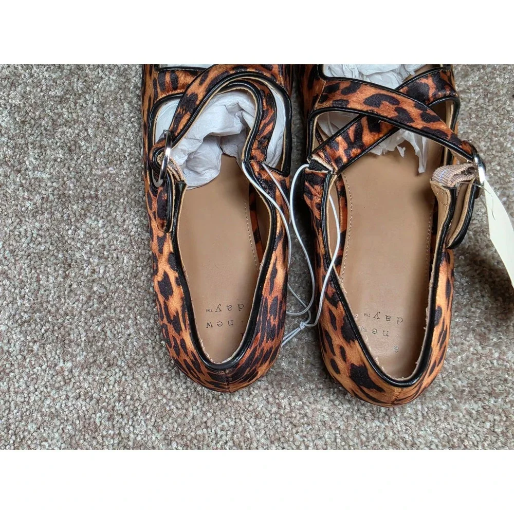 A New Day Tamsin Leopard Print Mary Jane Ballet Flats Brown Black Womens 7 NEW